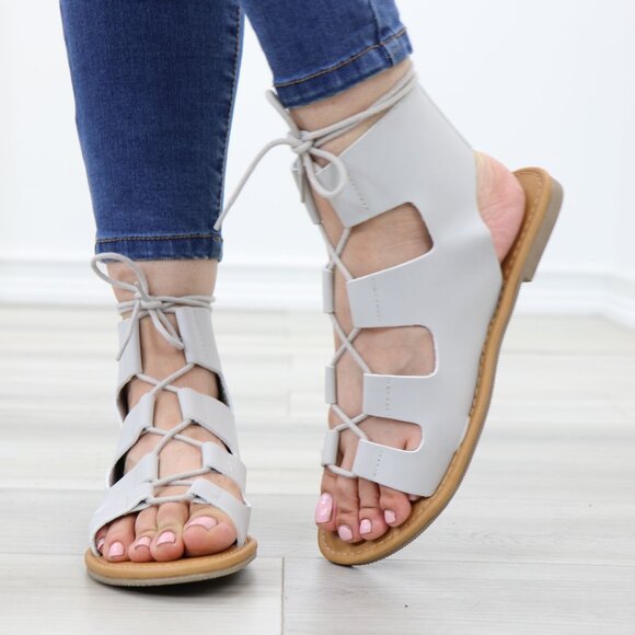 Gray Gladiator Laced-Up Bootie Style Flat Sandals - Picture 11 of 14